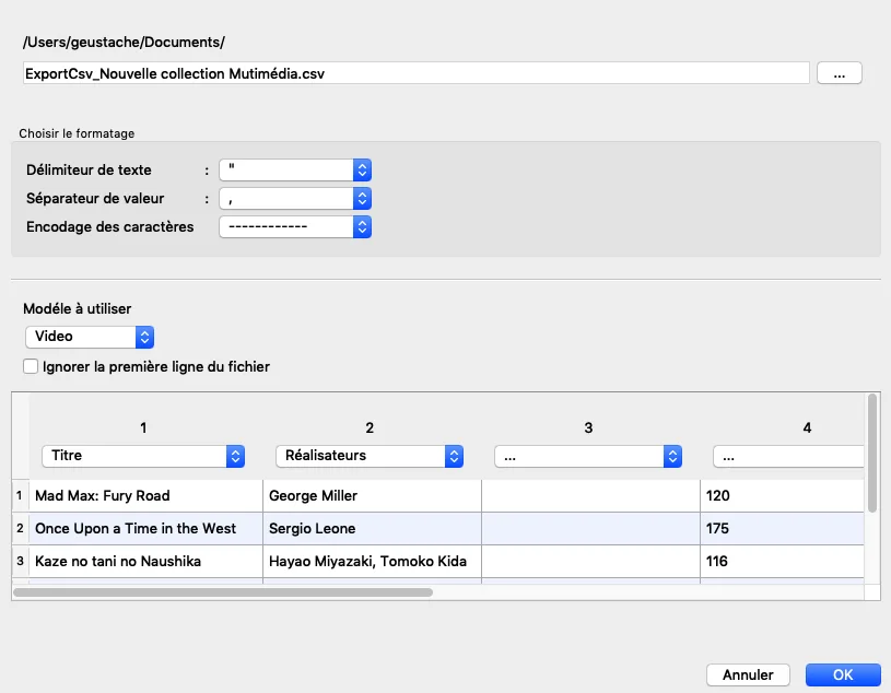 okno dialogowe importu pliku CSV